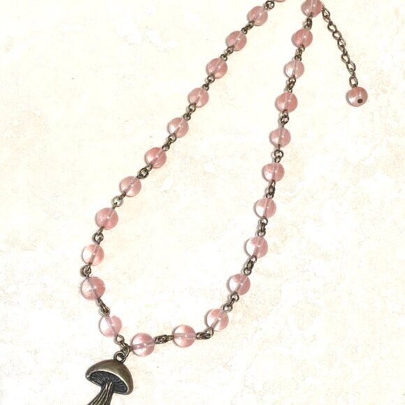 Cute Cherry Quartz Bronze Slim Mushroom Pendant Adjustable Choker - Picture 7 of 16